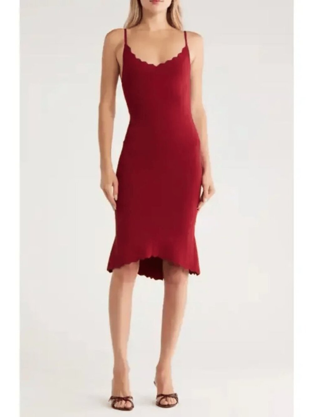L’AGENCE Asa Dark Wine Ribbed Knit Bodycon High-Low Midi Dress M Scalloped Hem